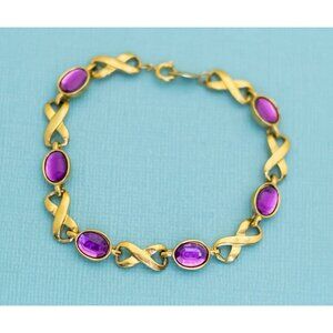 Vintage Gold Tone Symbol Art Deco Purple Faux Gems Bracelet 7 inch by Avon - E5